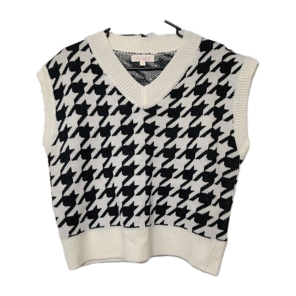 Sweet Genesis Sweater Vest Houndstooth Large Jacquard Knit Ivory Black Check NWT